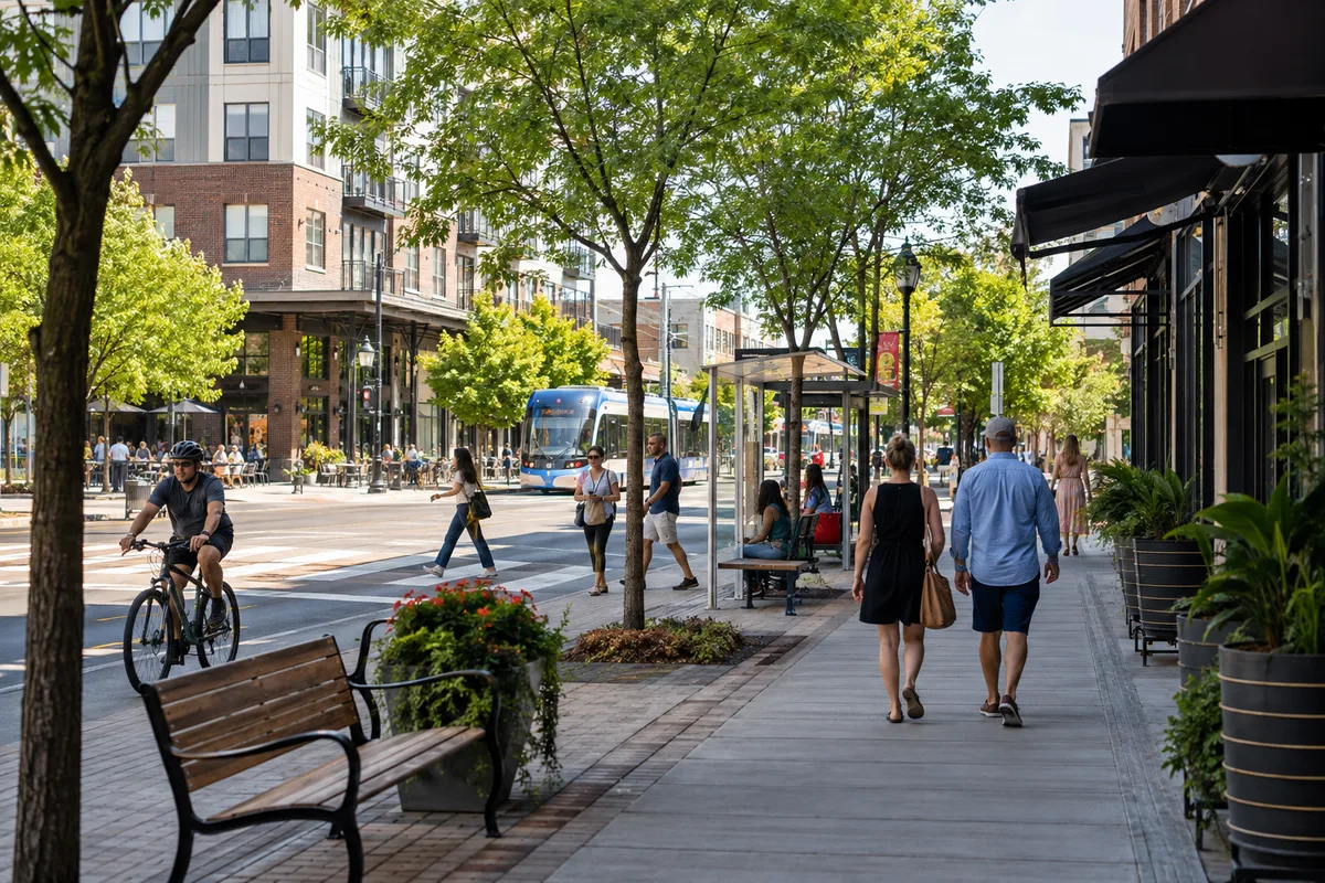 Pedestrian-friendly urban street with wide sidewalks, trees, cyclists, public transit, and people walking