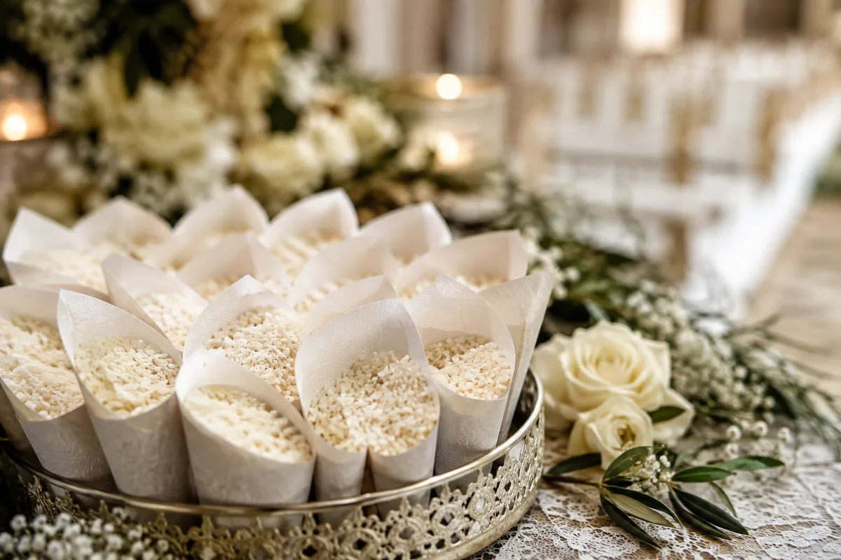 Paper cones filled with uncooked rice arranged on a tray with white roses for a wedding send-off