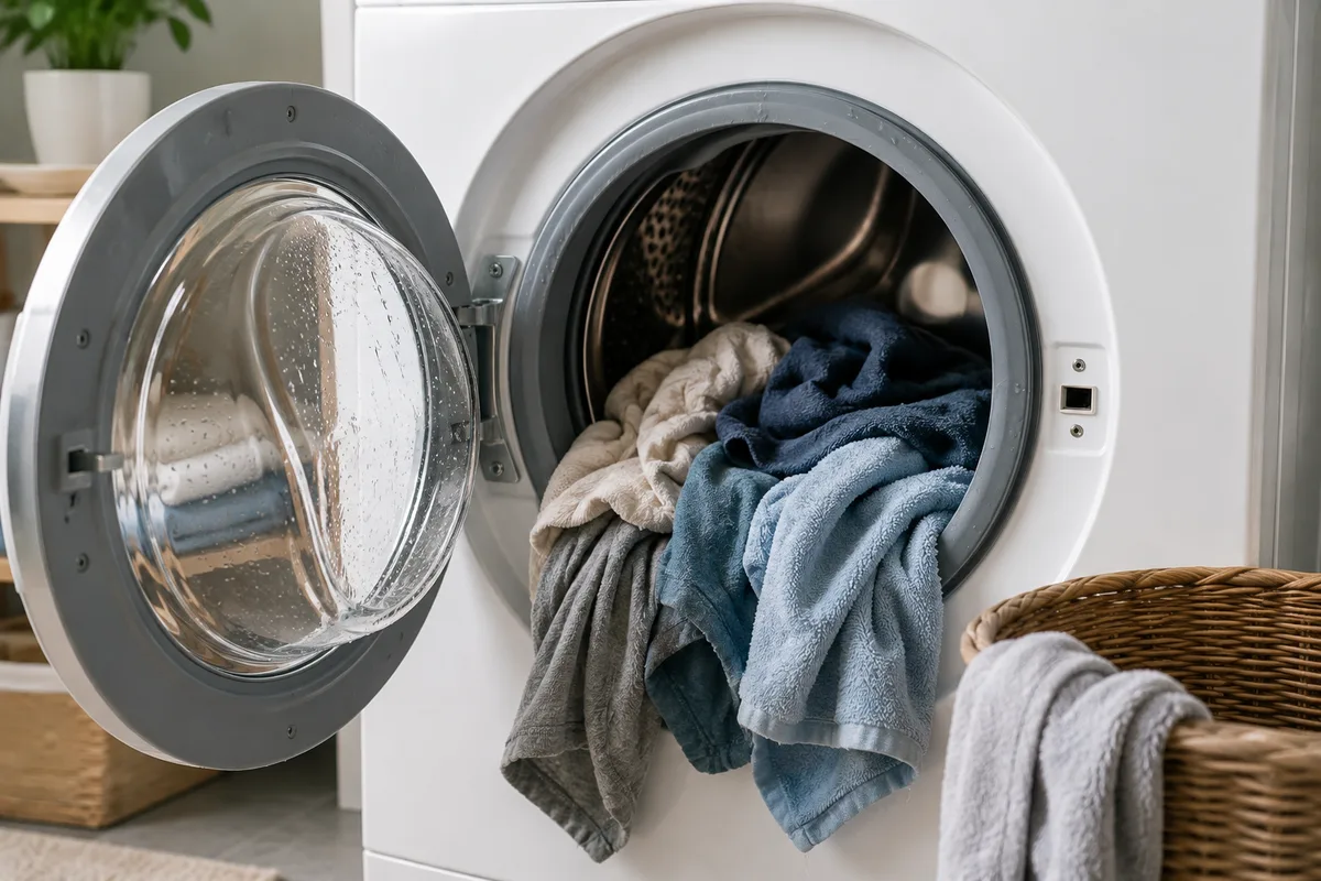 Freshly washed damp clothes left inside an open washing machine