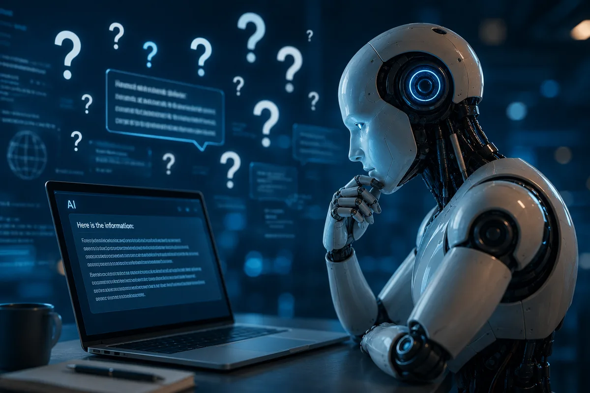 A visual representation of AI hallucinations, showing an artificial intelligence system processing uncertain information and generating potentially incorrect answers.
