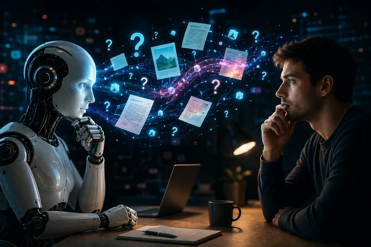 A visual representation of AI hallucinations, showing an artificial intelligence system processing uncertain information and generating potentially incorrect answers.