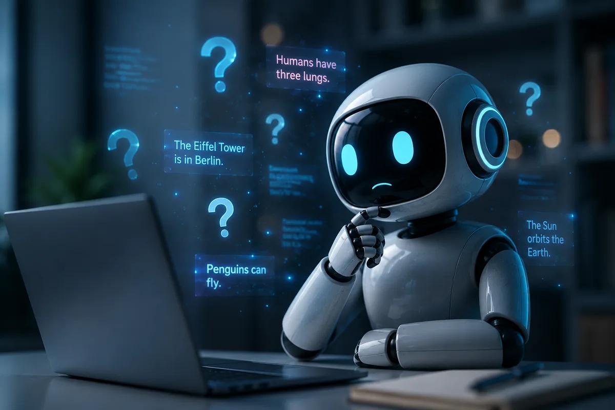A visual representation of AI hallucinations, showing an artificial intelligence system processing uncertain information and generating potentially incorrect answers.