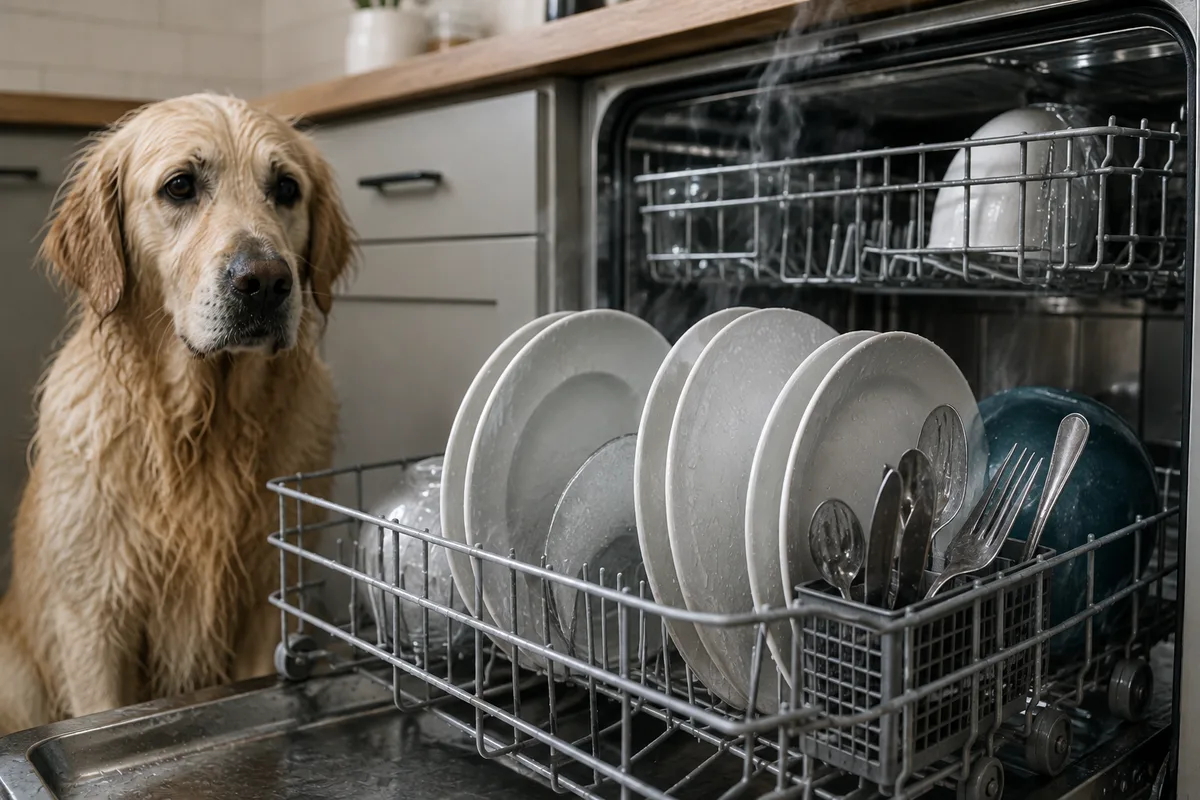 Freshly washed dishes can sometimes develop a “wet dog” smell when moisture, food residue, bacteria, or dishwasher buildup affect the drying process.
