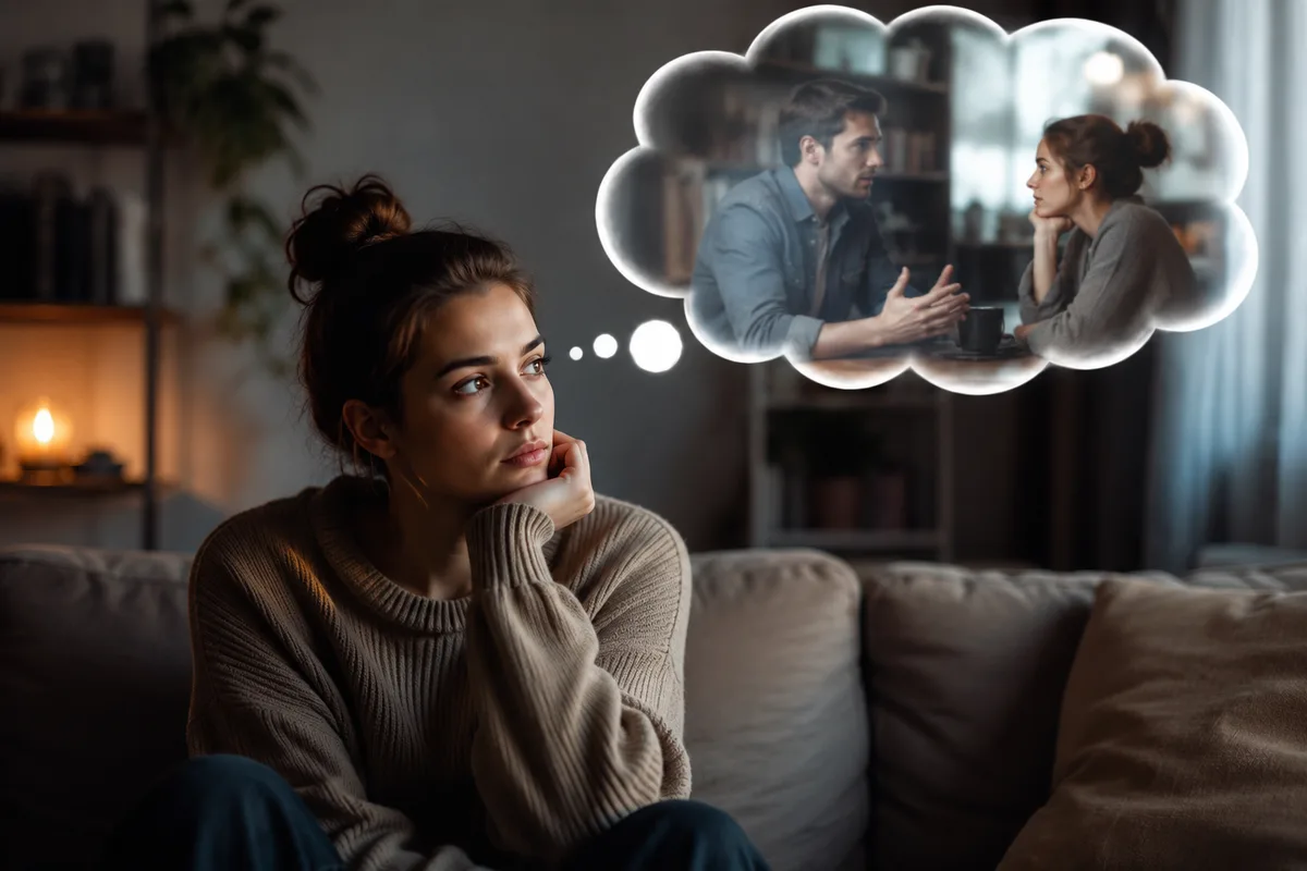 A woman sitting alone and replaying a past conversation in her mind, illustrating post-conversation overthinking.