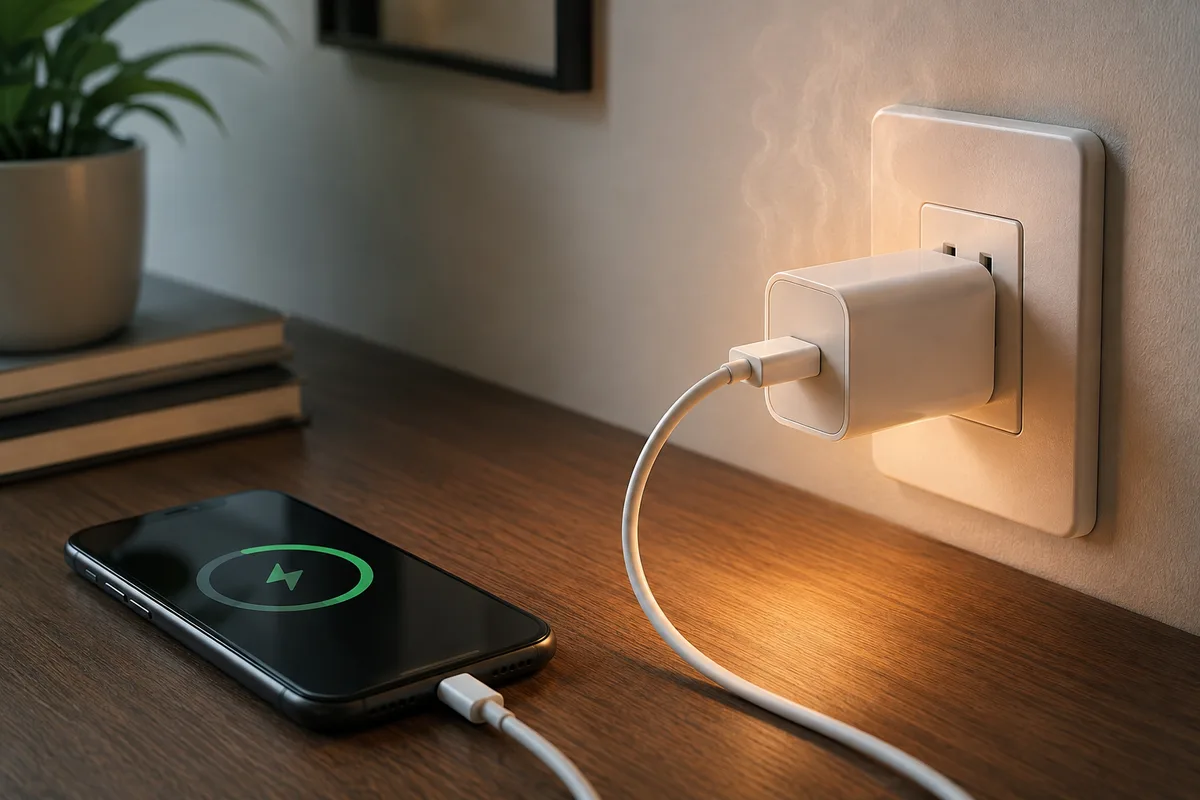 A smartphone charging from a warm power adapter plugged into a wall outlet