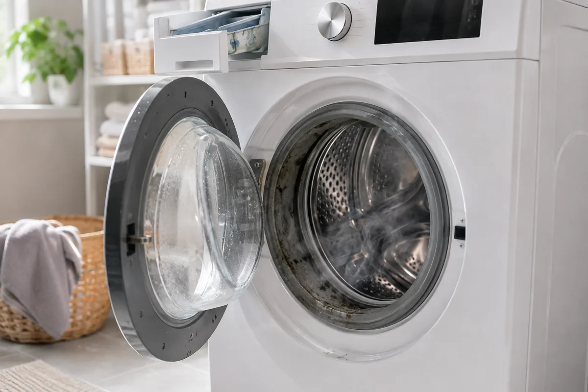 Open front-loading washing machine with moisture, detergent residue, and mildew buildup causing a bad smell.