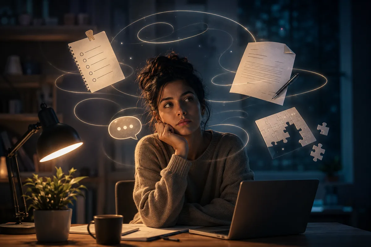 A person thinking about unfinished tasks while reminders and incomplete work remain on their mind.