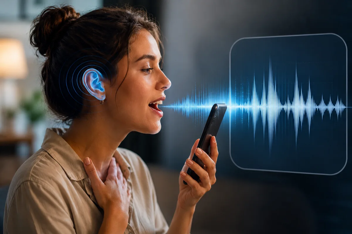 A person recording their voice on a smartphone, illustrating why your voice sounds different in recordings.