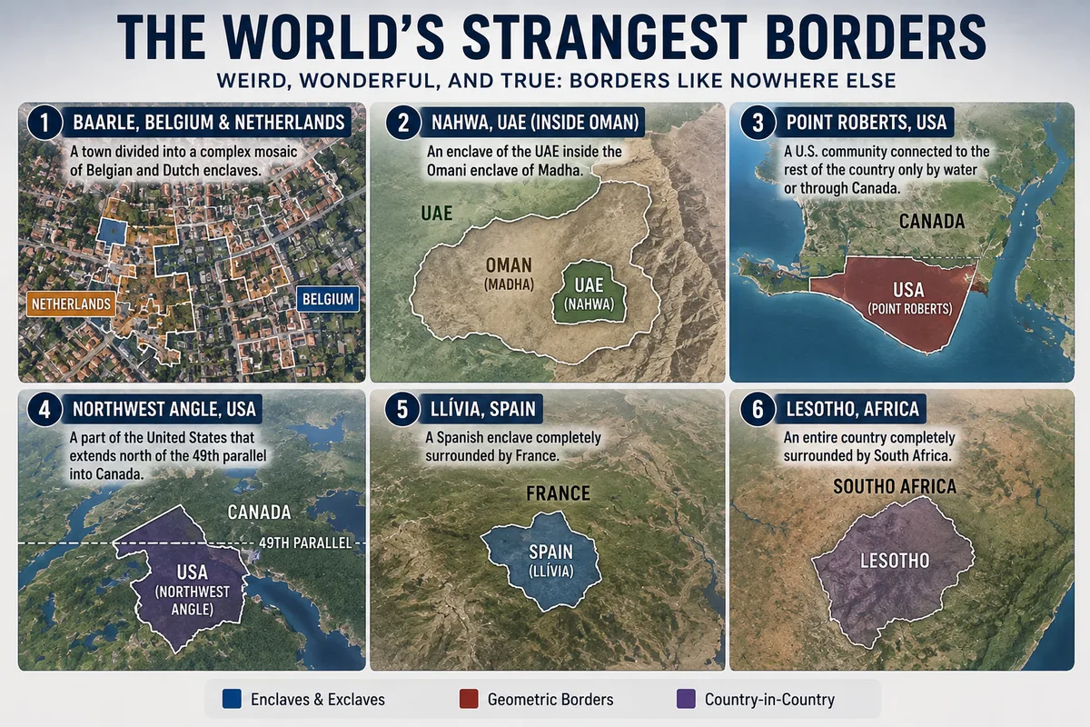 Map showing unusual international border examples including Baarle, Point Roberts, Northwest Angle, Llívia, Nahwa, and Lesotho