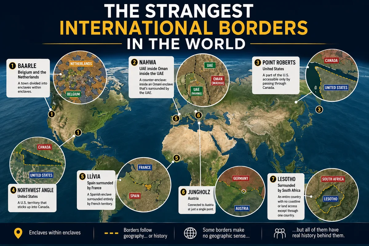Map showing unusual international border examples including Baarle, Point Roberts, Northwest Angle, Llívia, Nahwa, and Lesotho