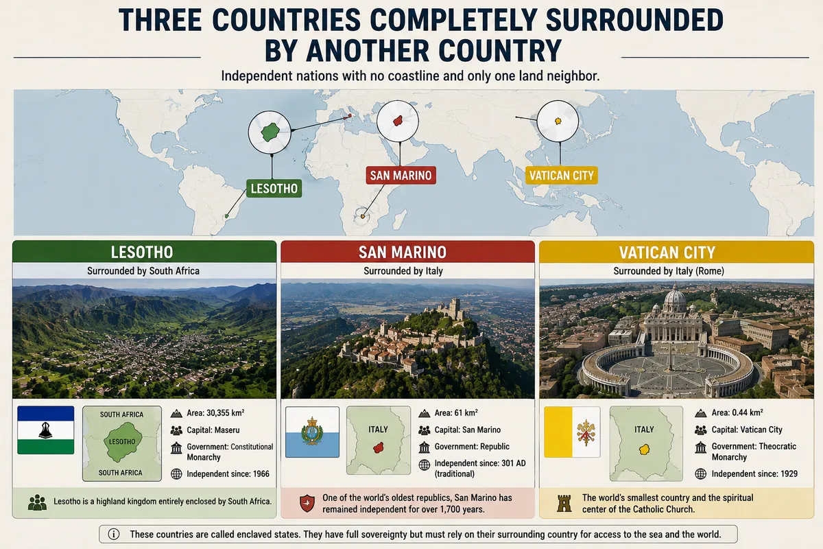 World map highlighting Lesotho, San Marino, and Vatican City as countries completely surrounded by another country