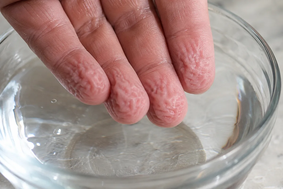 Close-up of wrinkled fingertips after prolonged exposure to water