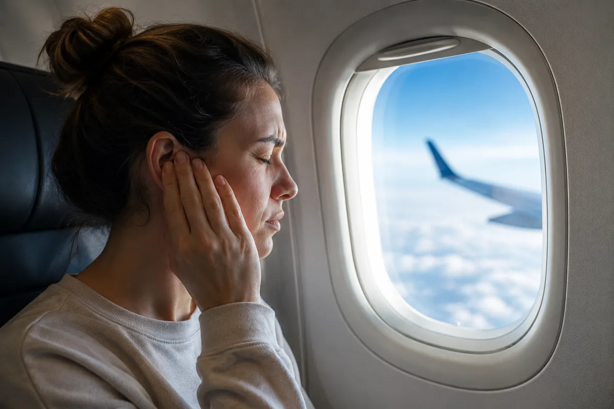 A passenger holding her ear by an airplane window as cabin pressure changes affect the middle ear during flight