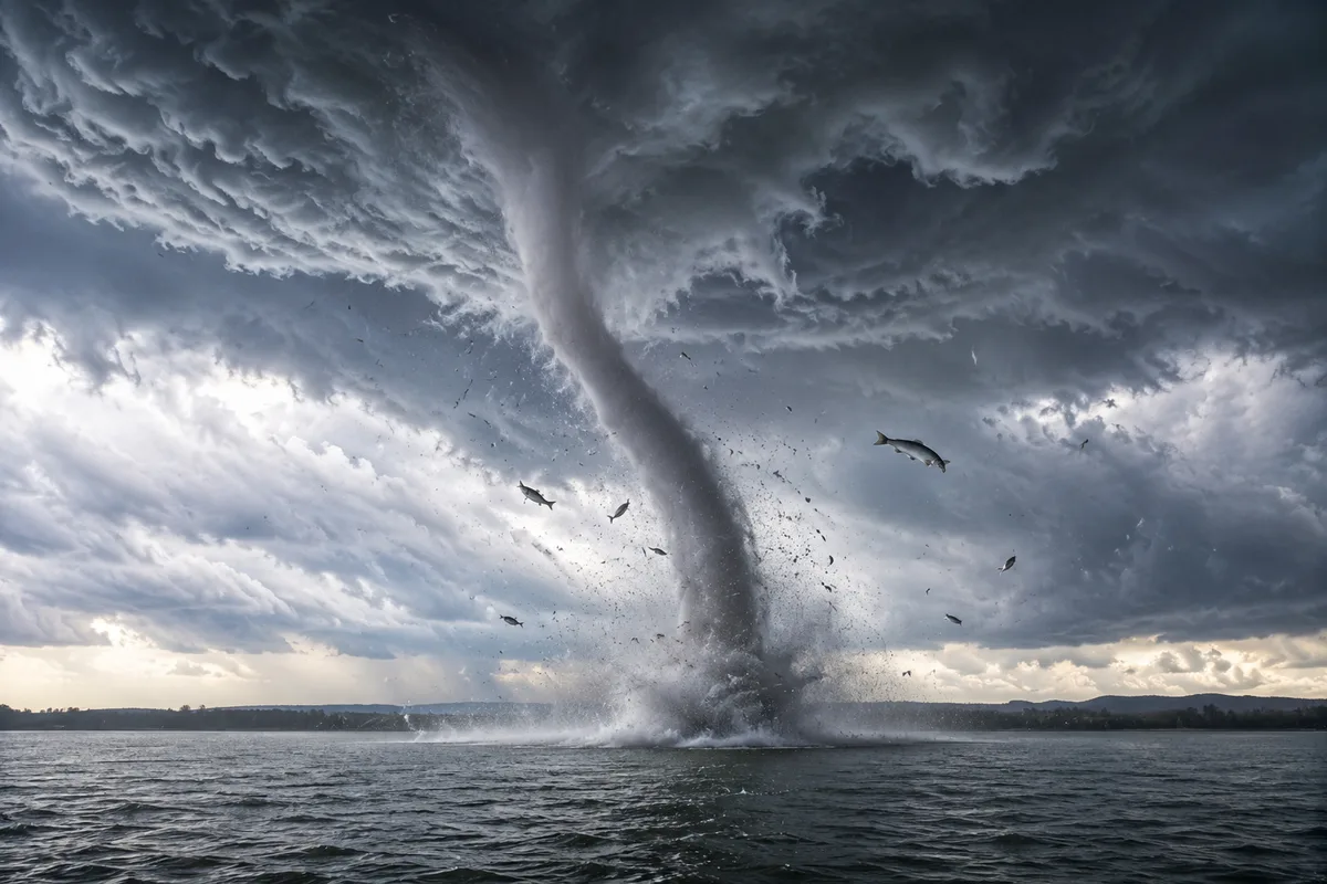 Large waterspout forming over a lake as fish are carried through the air during a storm