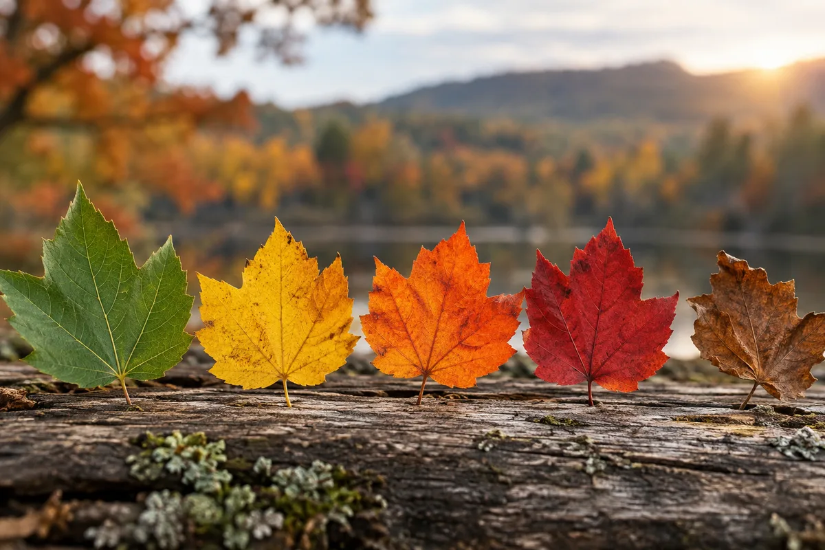 Autumn leaves showing green, yellow, orange and red color stages
