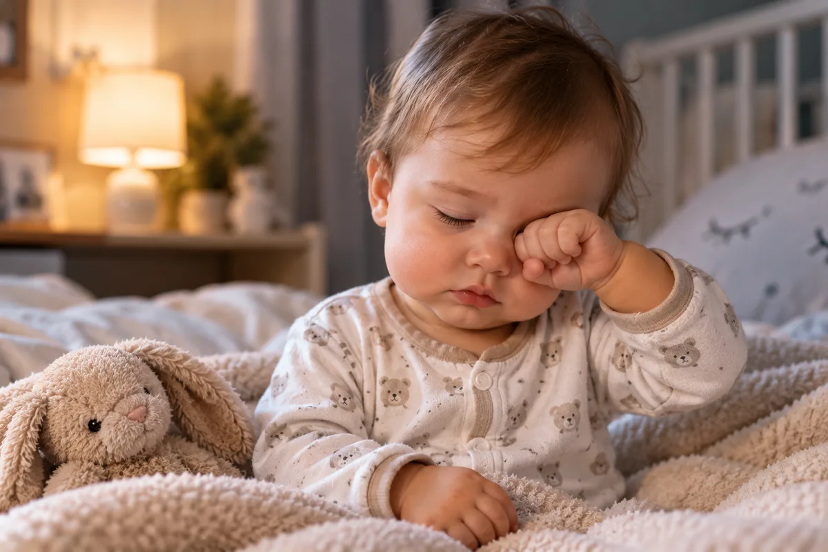 Tired baby with heavy eyelids resting in a caregiver's arms