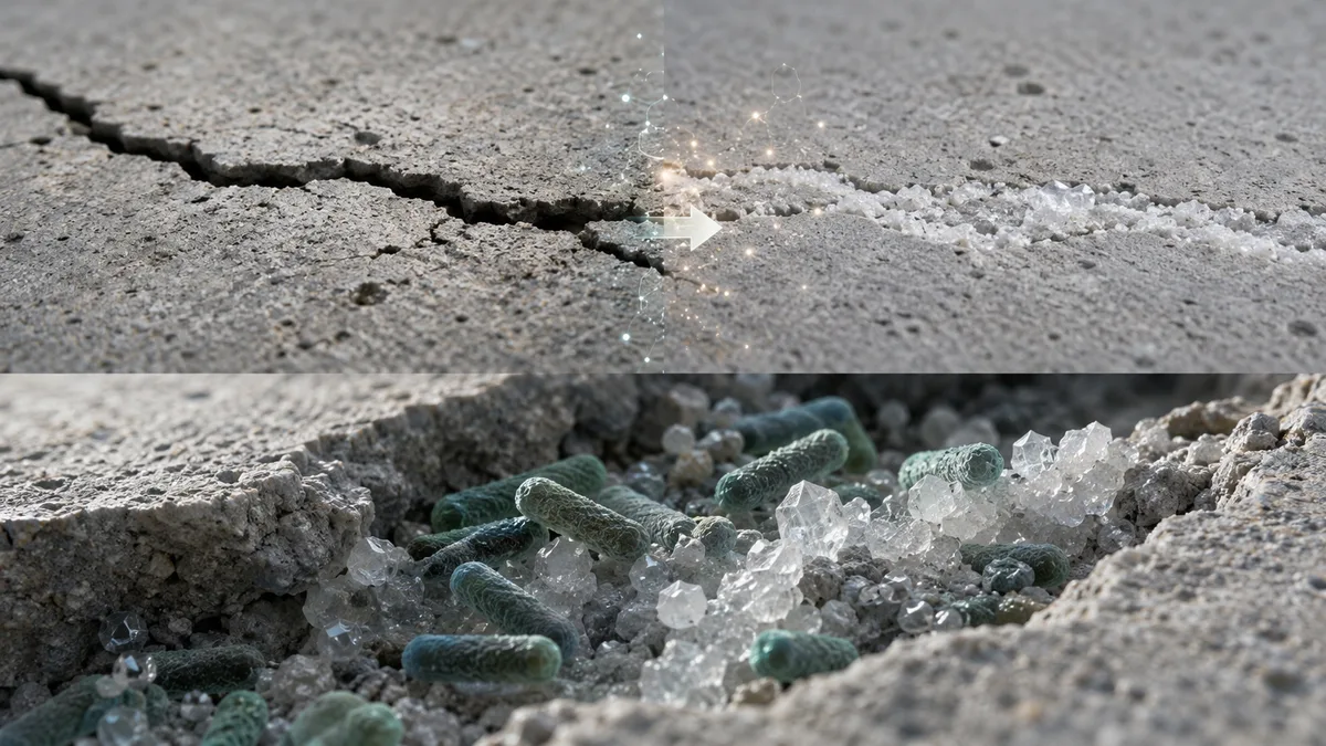 Microscopic concept of bacteria producing mineral deposits inside a crack in concrete.