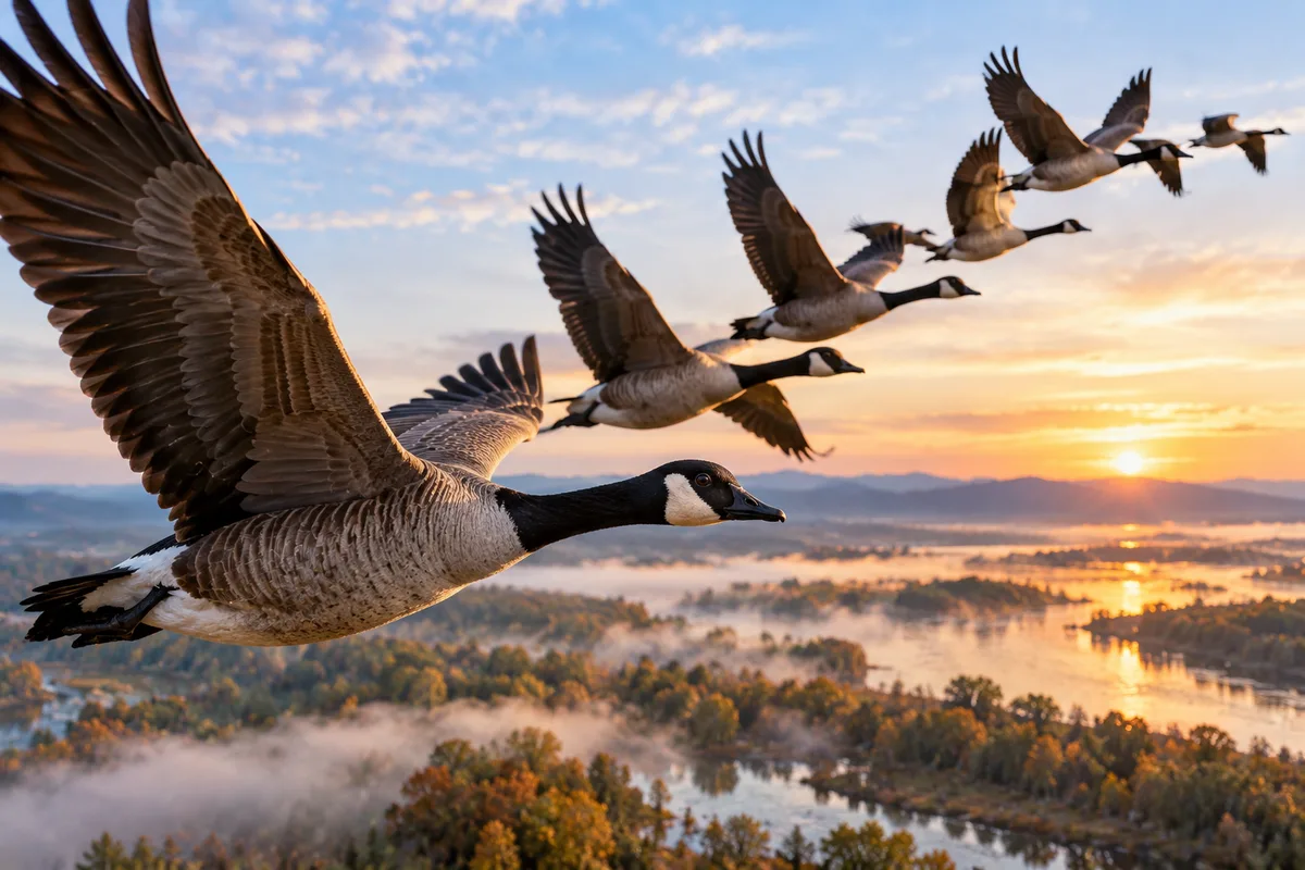 Migrating birds flying behind and beside one another in a V formation