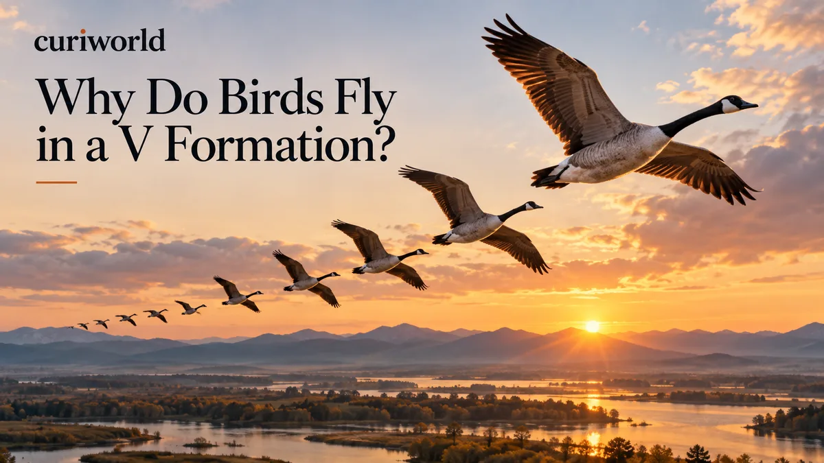 Flock of migratory birds flying across the sky in a V formation