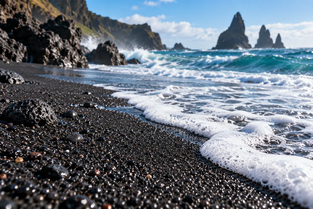 Close view of black volcanic sand on a beach with waves in the background