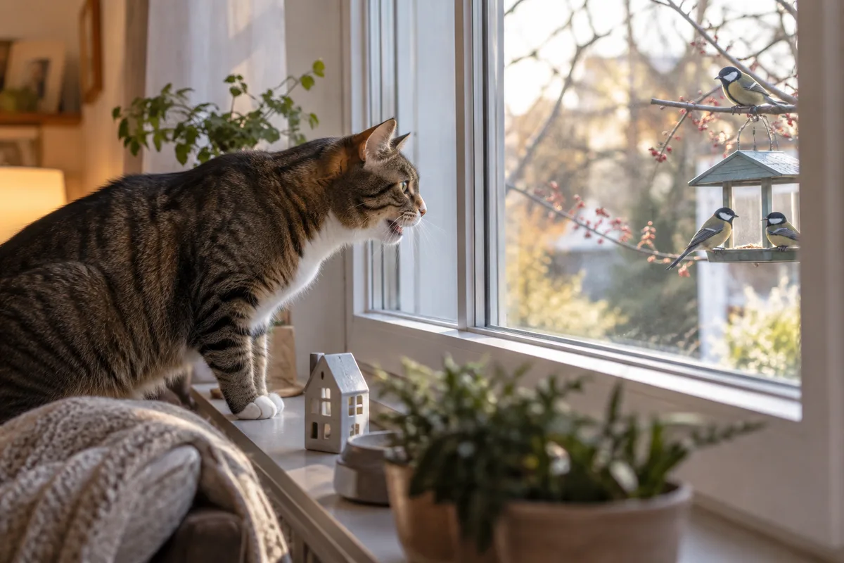 Focused cat crouched at a window while watching a bird outside