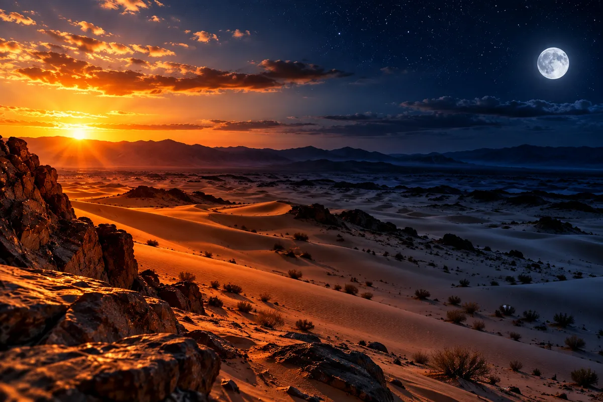 Desert dunes cooling under a clear night sky after sunset