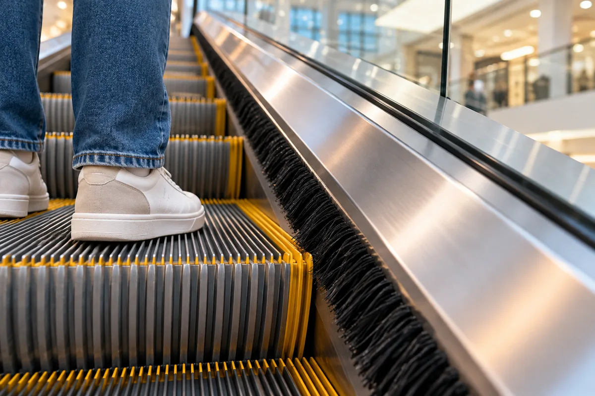 Escalator passenger standing away from the side skirt brushes
