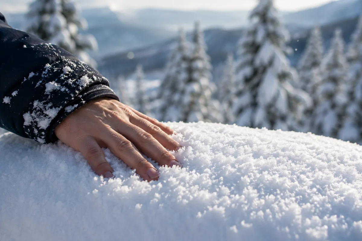 A close-up of soft fresh snow showing the porous surface that helps absorb sound waves and reduce echoes