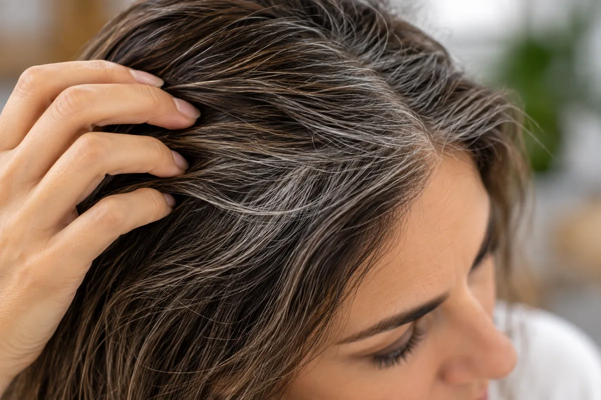 Close-up of gray and pigmented hair strands on an adult scalp