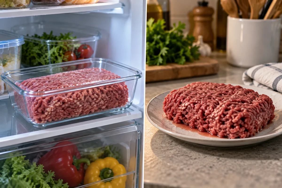 Ground beef being thawed safely in a refrigerator rather than on a kitchen counter