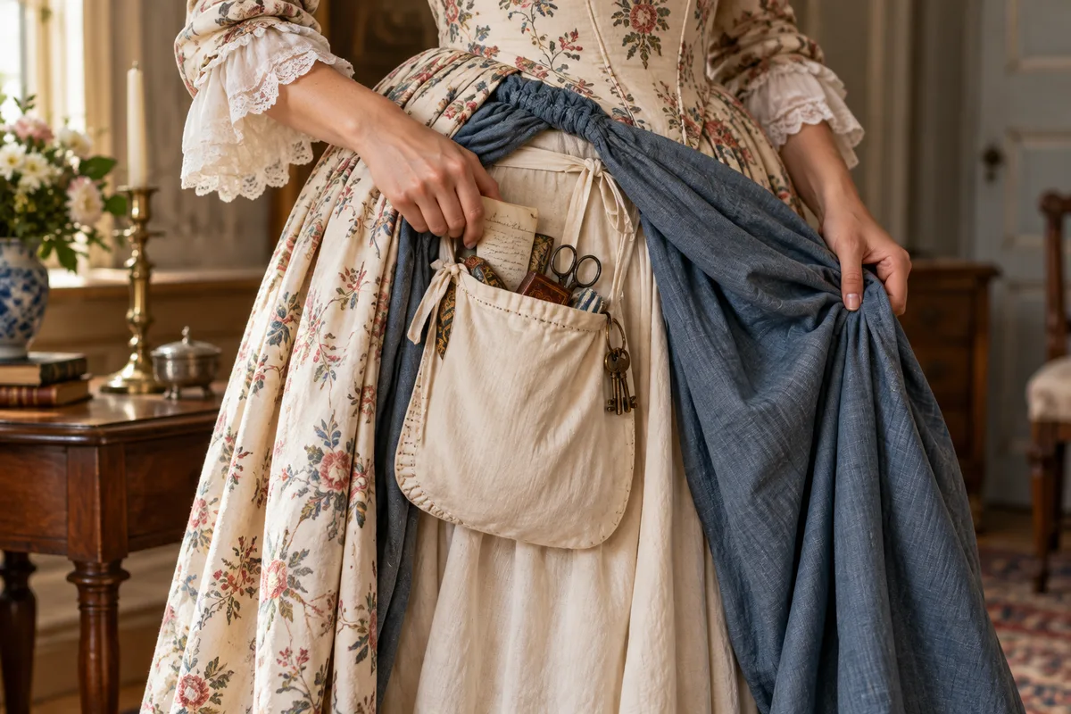 Large historical fabric pocket tied around the waist beneath a woman’s skirt
