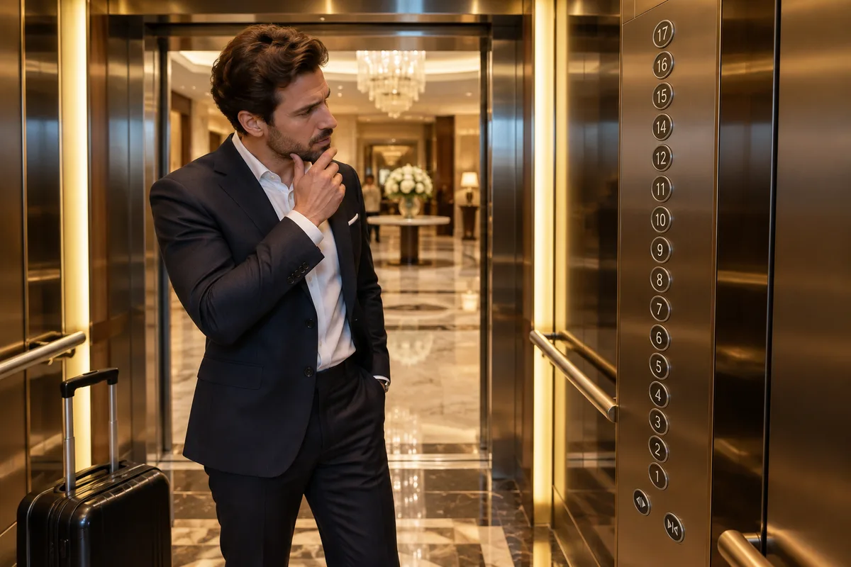 Hotel guest looking at an elevator panel with no 13th floor button