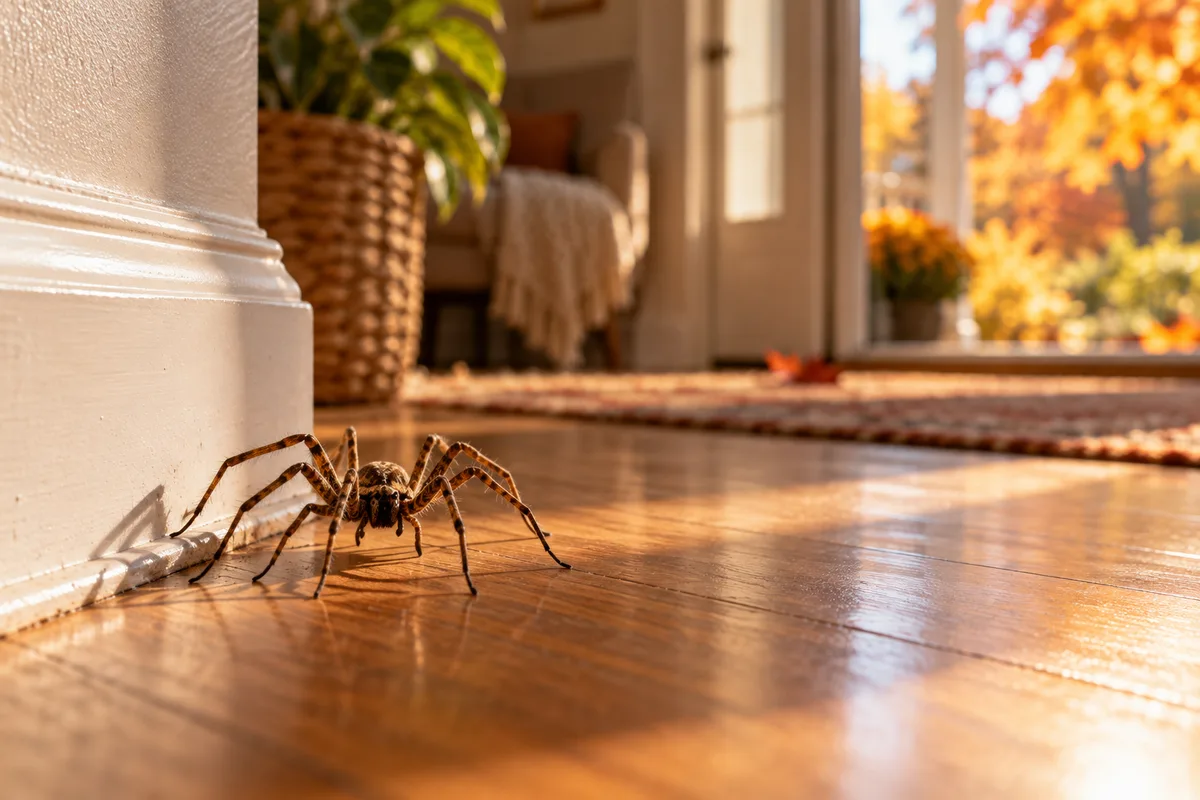 Spider moving across the floor inside a home during autumn