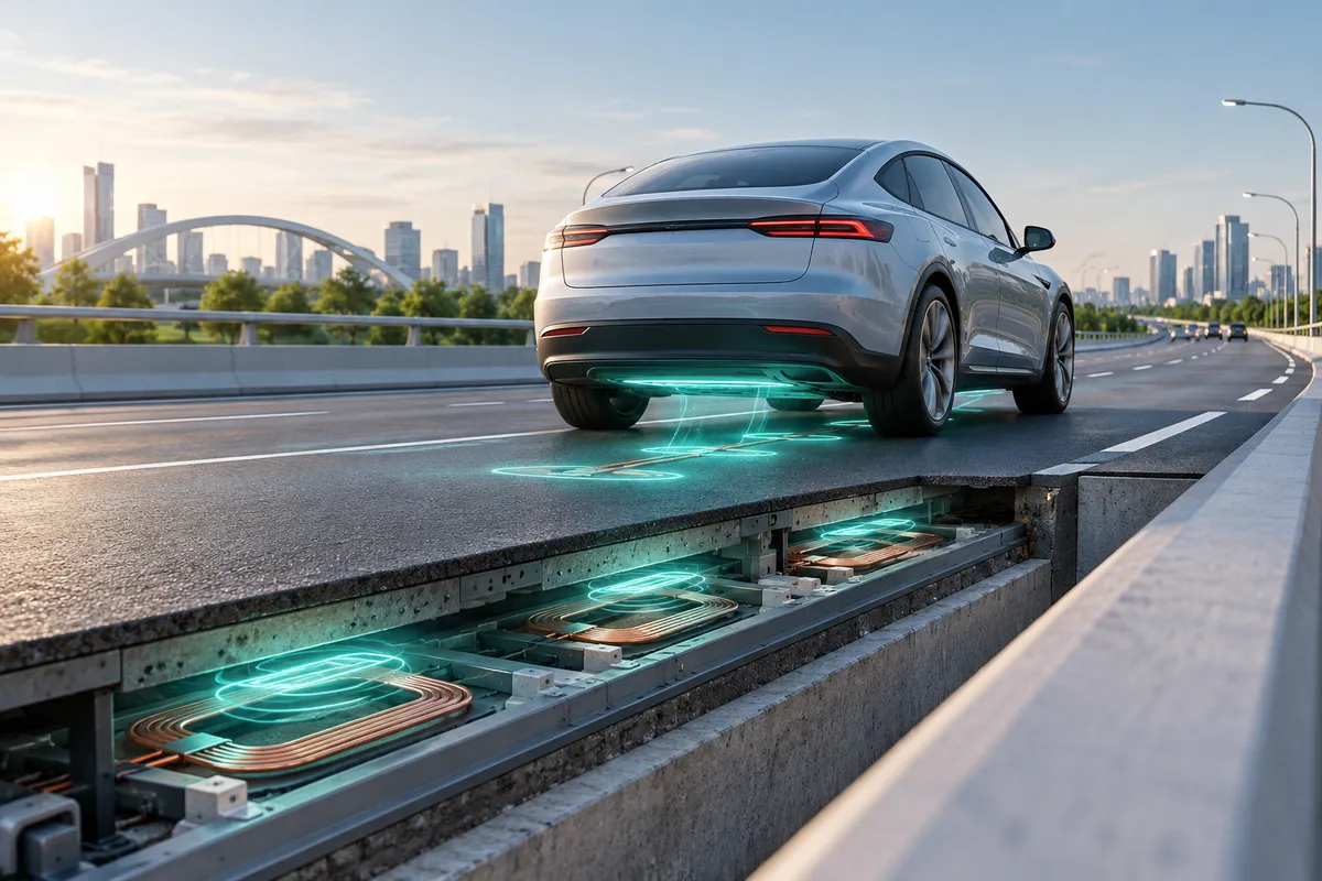 Diagram concept showing road coils transferring wireless power to an electric vehicle receiver