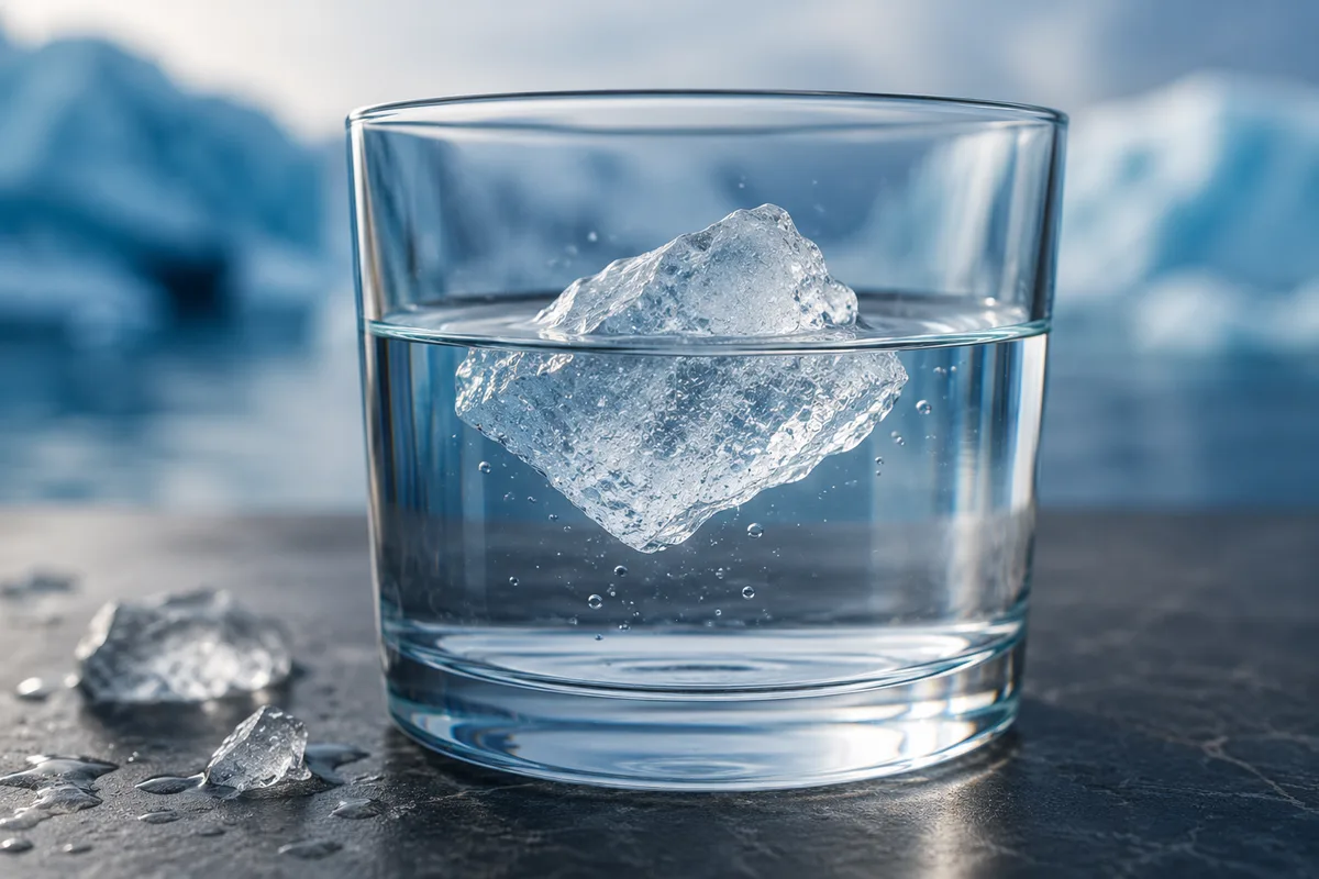 A piece of ice floating in a glass of water, illustrating how lower density allows ice to remain on the surface
