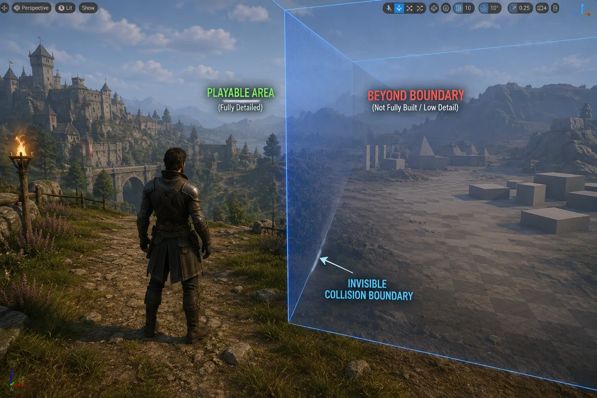 Game level showing visible scenery separated from the playable area by an invisible collision boundary