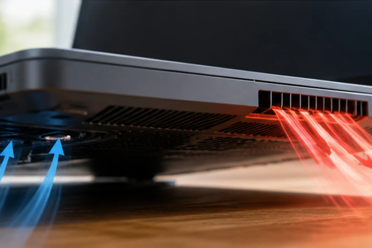 Laptop on a desk with cooling vents and airflow visible around the underside