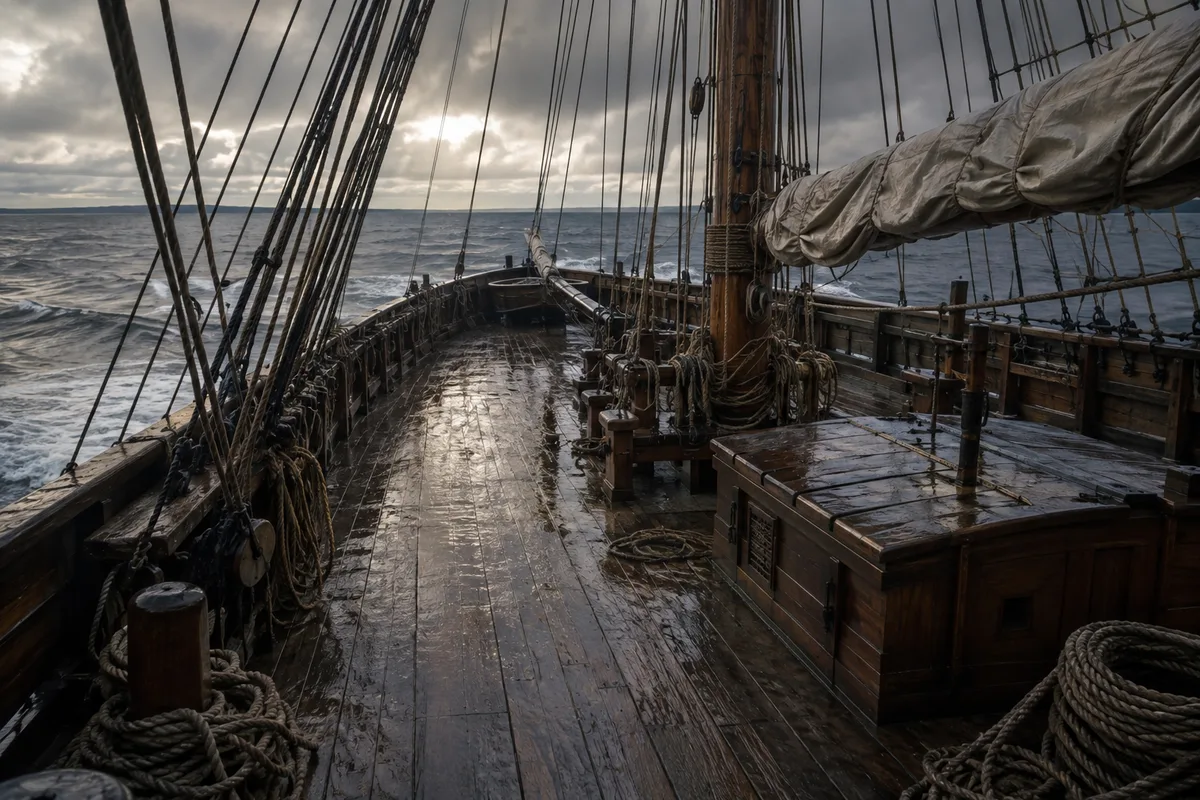 Abandoned deck of a 19th-century sailing ship with rigging and no crew present.