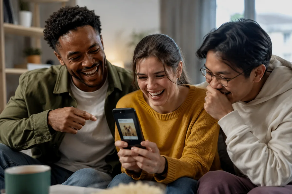Two friends sharing a funny meme on a smartphone during a casual conversation.