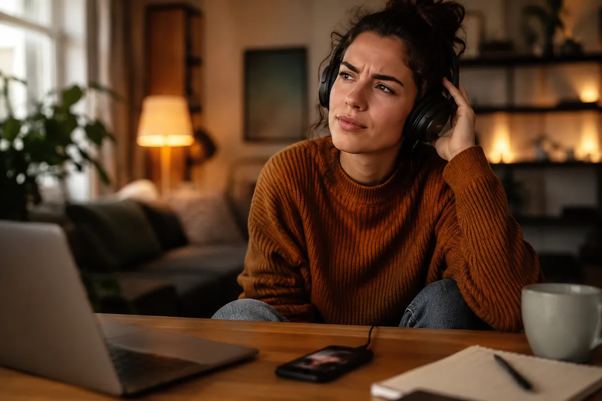 A person listening carefully to music through headphones, representing the way the brain can misinterpret song lyrics and create mondegreens