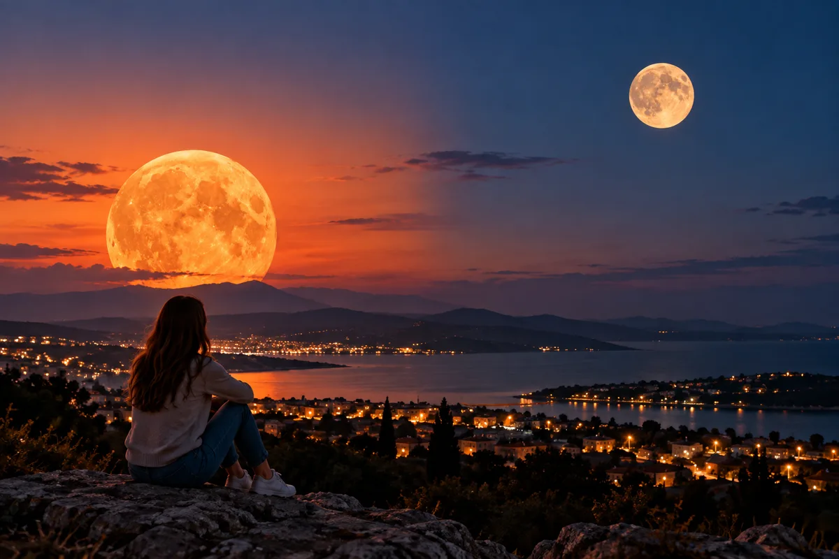 Full Moon near the horizon with buildings providing visual distance cues
