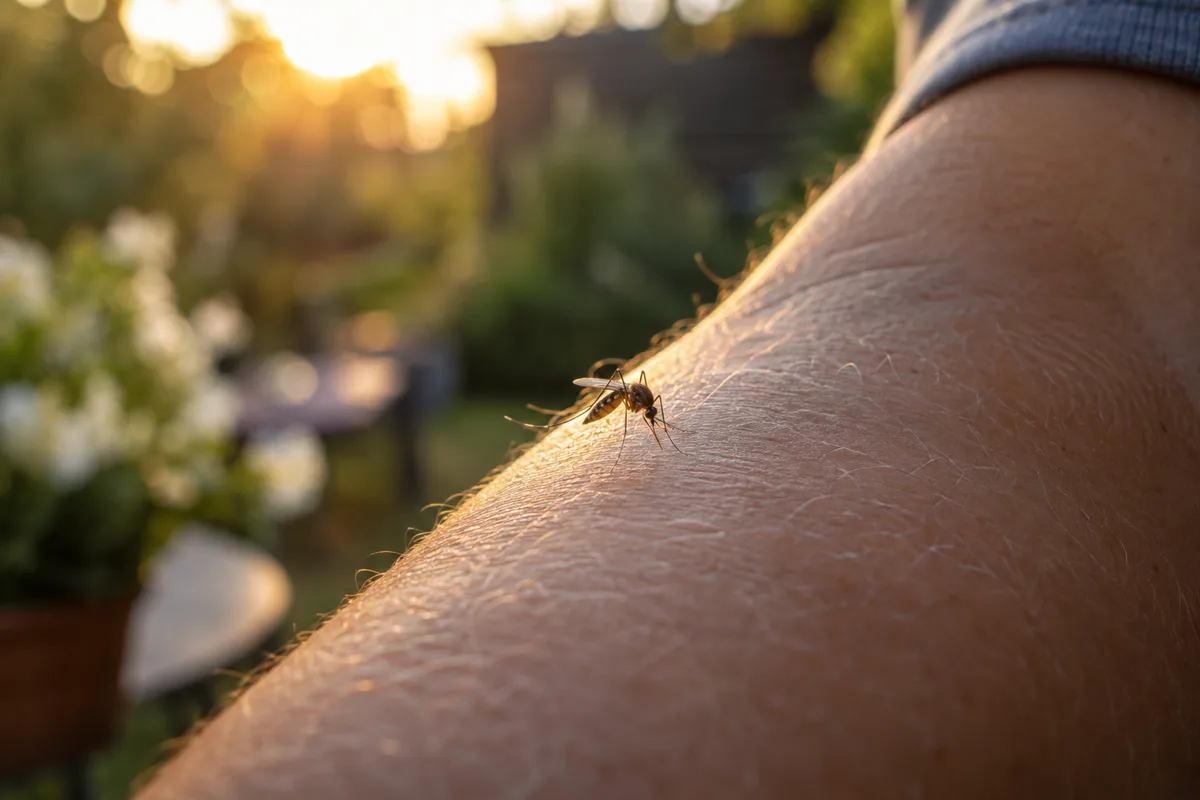 Close-up of a mosquito approaching human skin outdoors
