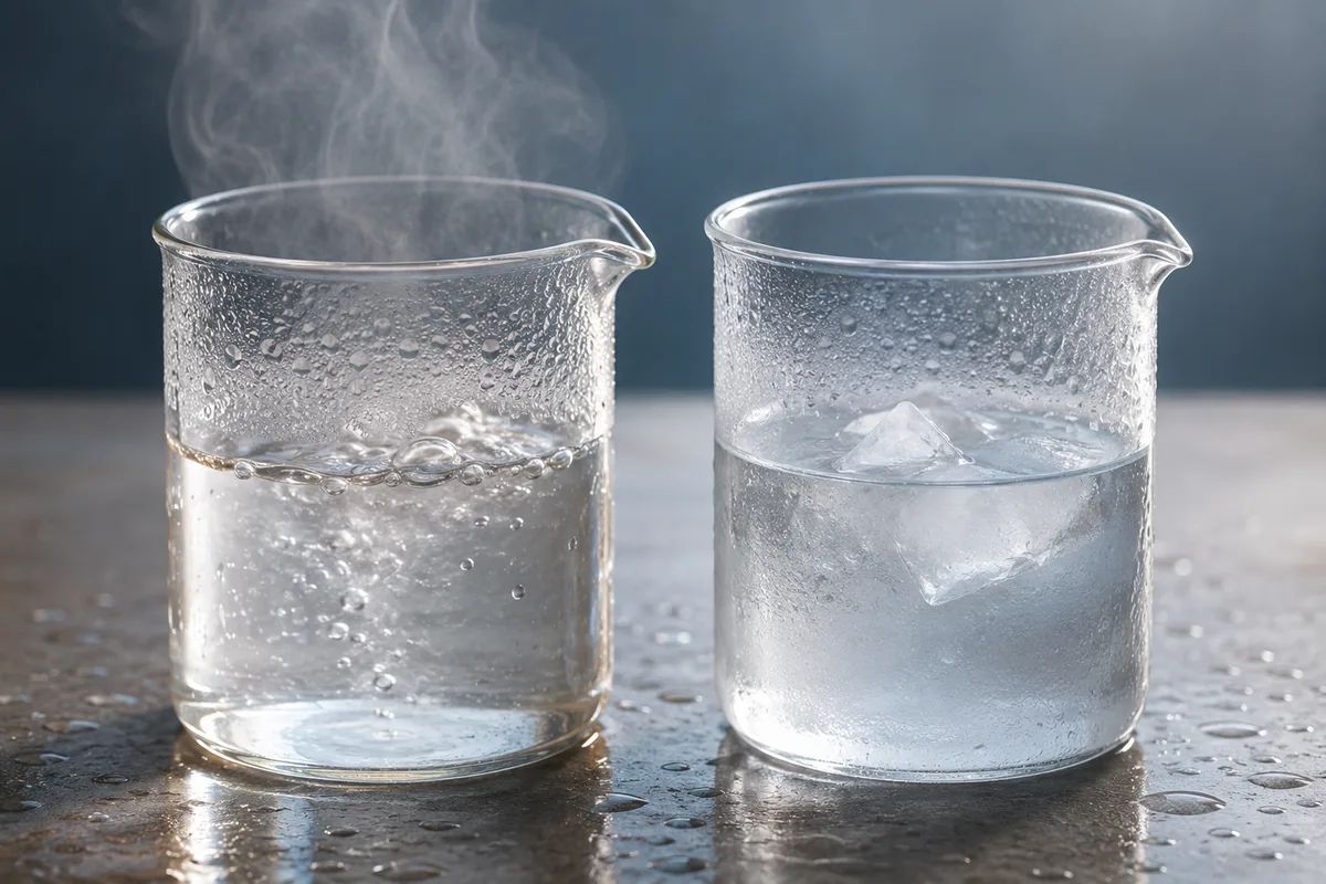 Two laboratory beakers with hot and cold water representing the Mpemba effect and differences in freezing behavior