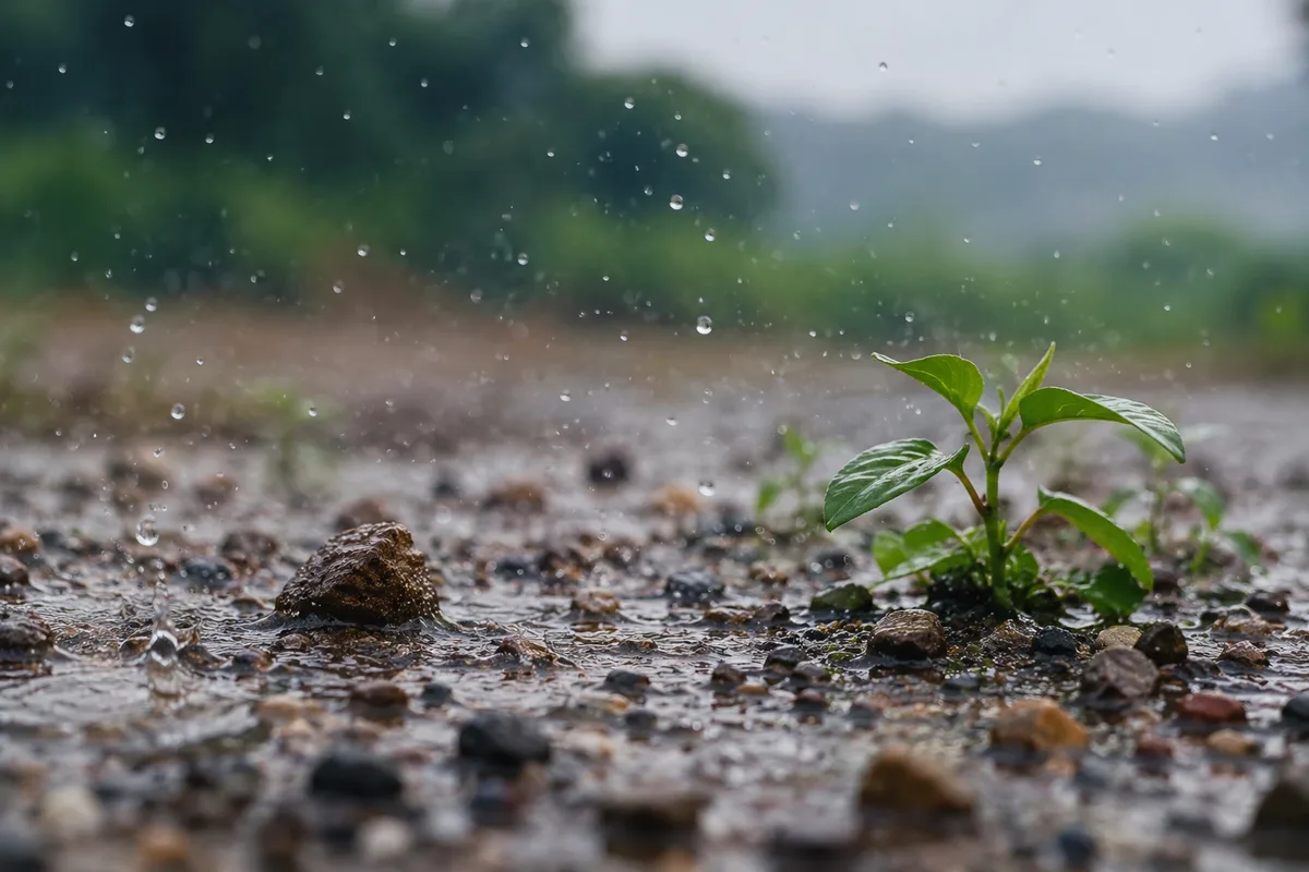 Raindrops hitting wet soil and a young green plant, showing the natural conditions that create the earthy scent known as petrichor