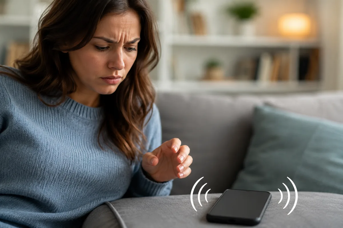 A person reacting to a smartphone as if it vibrated, illustrating the false sensation known as phantom vibration syndrome