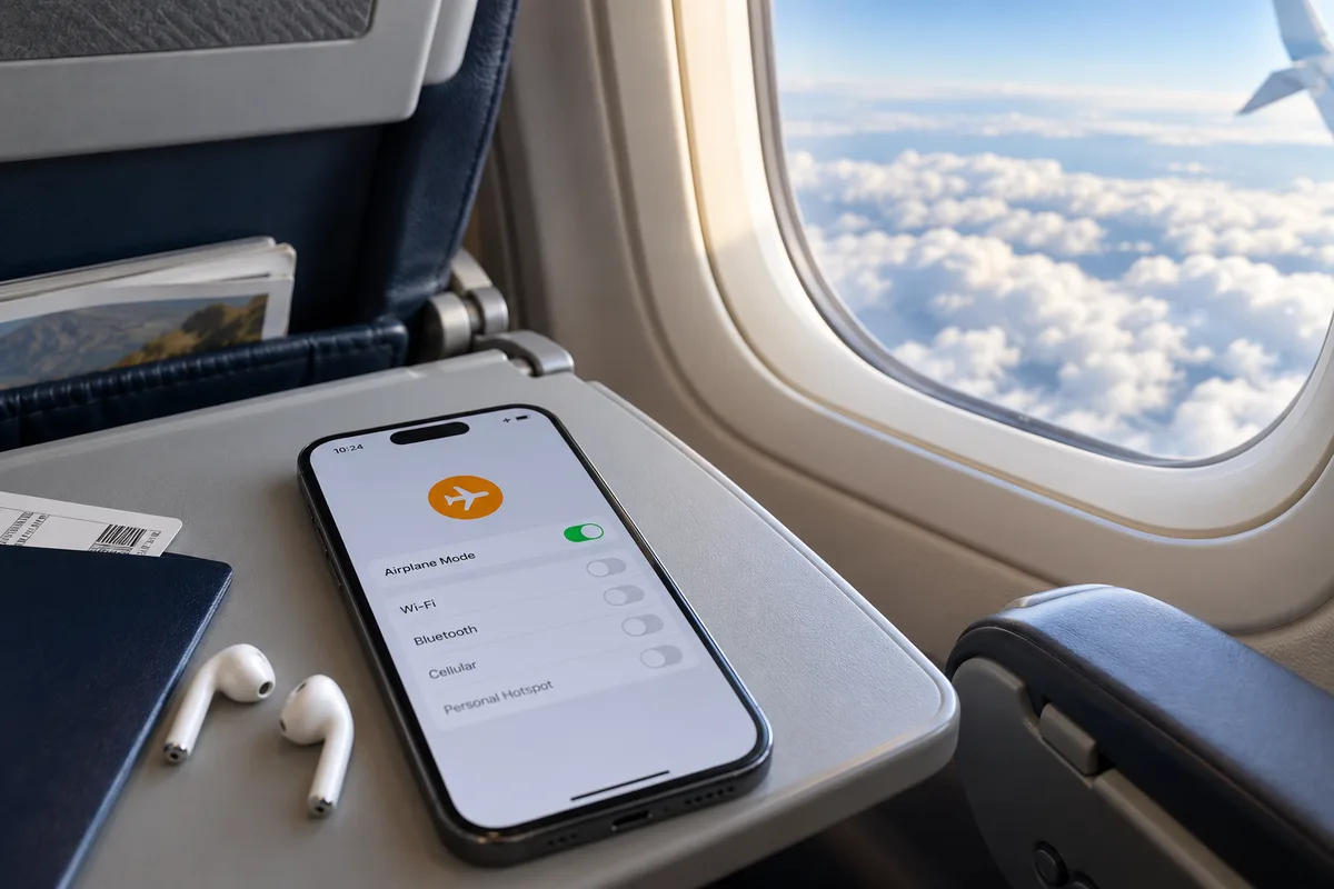 Smartphone in airplane mode beside an aircraft window during flight