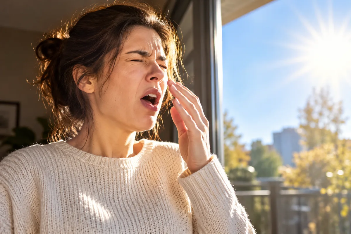 Person reacting to bright sunlight near a window before sneezing