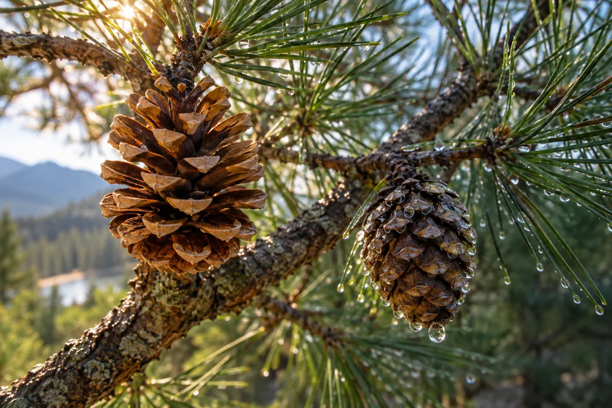 Close-up of pine cone scales bending as their tissues absorb moisture