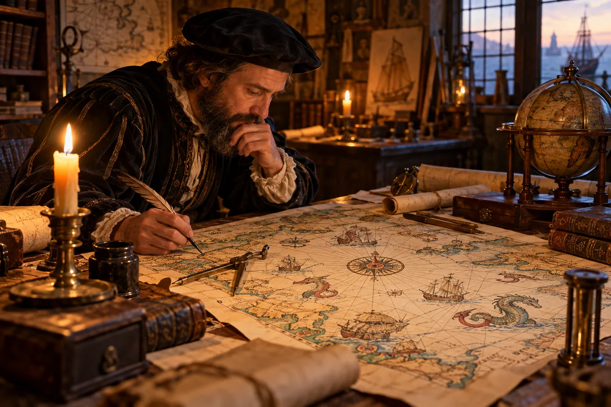 Historical maritime map covered with illustrated ships and sea creatures