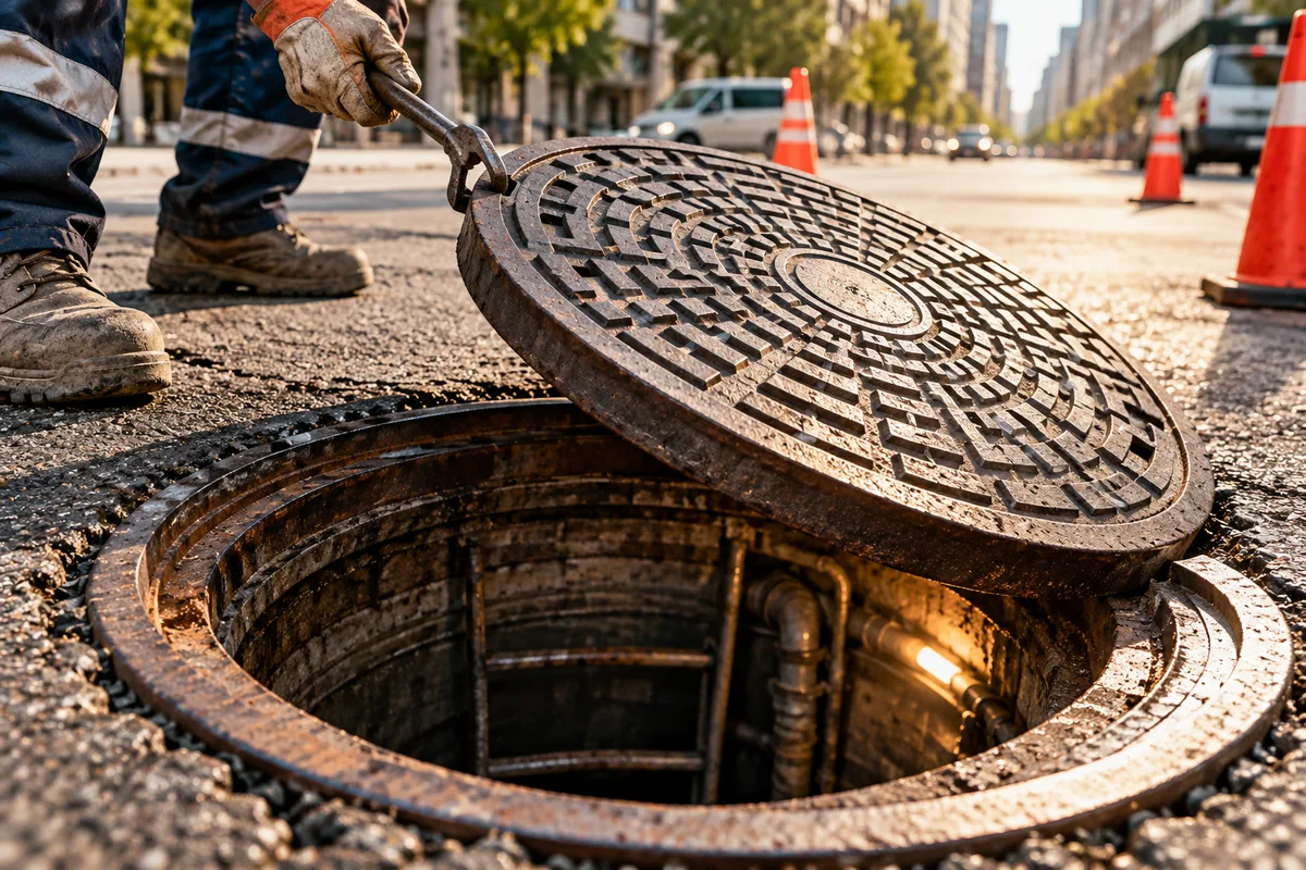 Open circular manhole frame beside its heavy round metal cover